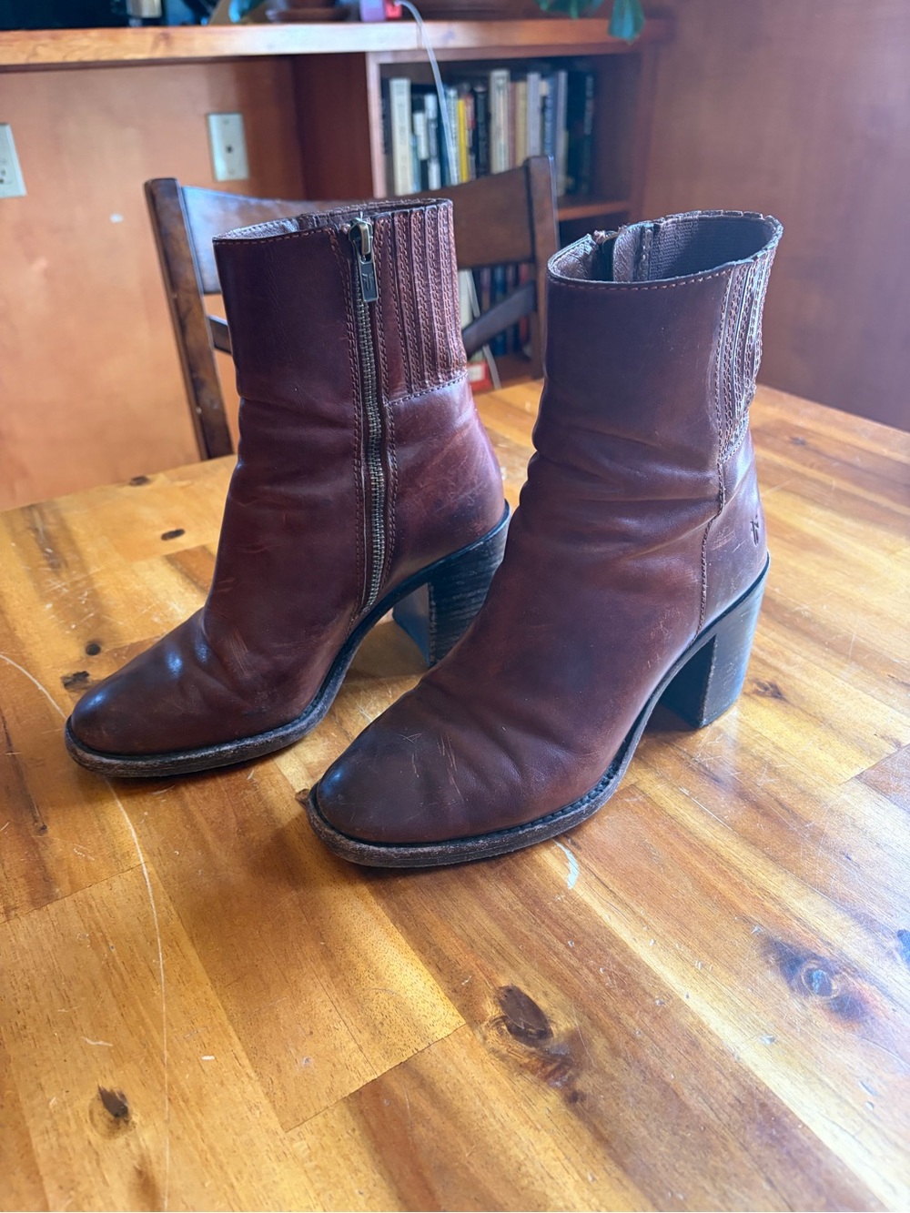 Frye Dark Brown Leather Mid-Calf Block Heel Boots